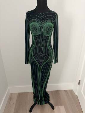 The Kript 3D Human Body Print Green and Black Long Sleeve Maxi Dress